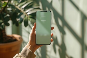 a minimalist editorial composition showcasing the iPhone 15 Pro mockup held by a hand, with a green screen for customizable content placement