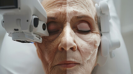 A woman's face is shown in two different ways, one with wrinkles and the other with a smooth complexion. Concept of aging and the effects it has on one's appearance. Scene is somewhat melancholic - obrazy, fototapety, plakaty