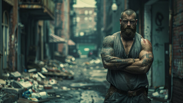 A bearded, muscular man standing in an alley