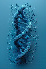 Cadena ADN espiral azul vertical, con fondo azul con textura. Ciencia biotecnología, ingeniería genética, nuevas tecnologías moleculares, concepto columna vertebral, riesgo análisis compatibilidad gen