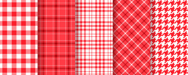 Table cloth seamless background. Gingham tartan pattern. Picnic lumberjack tablecloth. Set plaid prints. Kitchen napkin backdrop. Red cloth textile. Checkered buffalo texture. Vector illustration