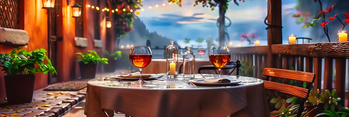 Elegant Outdoor Dinner Table Setting with Romantic Sunset Background, Luxury Glassware and Summer Holiday Vibe