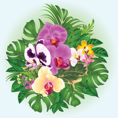 Bouquet with tropical flowers orchids phalaenopsis yellow ,white,purple,and cymbidium  palm,philodendron,ficus   nature  background watercolor vintage vector illustration editable hand draw