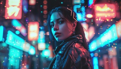 Cyberpunk woman in neon city lights