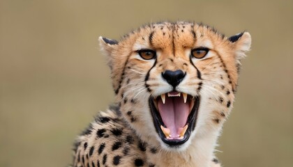 A Cheetah With Its Mouth Open Growling Softly - obrazy, fototapety, plakaty