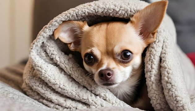 A Chihuahua Peeking Out From A Pile Of Blankets L