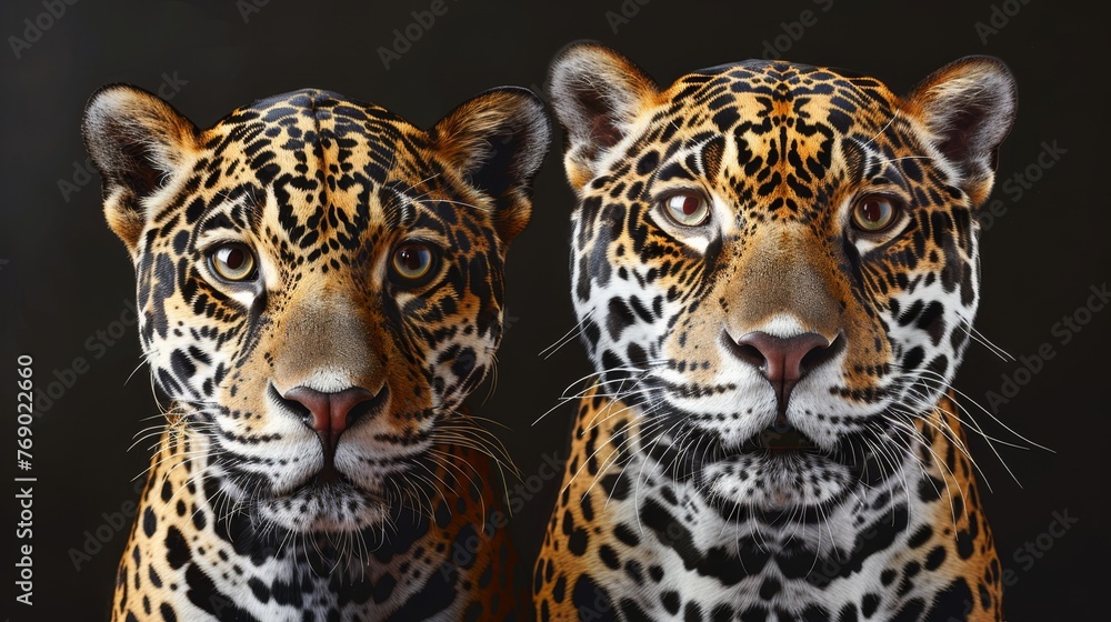 Poster male jaguar and cub portrait with empty text space on left, object on right side