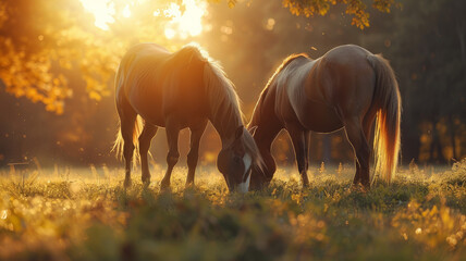 Two horses grazing at sunset - obrazy, fototapety, plakaty