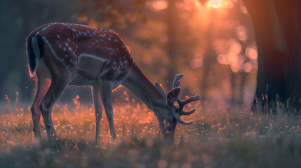 Crepuscular deer grazing at the edge of twilight - obrazy, fototapety, plakaty