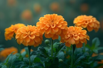 Detalle Flores de cempasúchil o calendula color naranja con hojas verdes. Flor de dia de muertos.  - obrazy, fototapety, plakaty