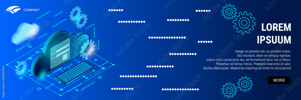 Poster digital technology banner vector design template. cloud computing, remote data storage flat 3d isome