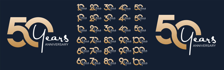 collection of 10 to 100th anniversary logotype design, with golden color for celebration event, wedding, greeting card, and invitation, vector illustration