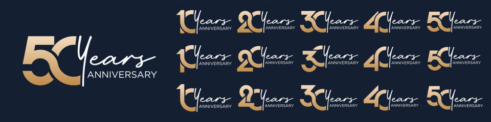 collection of 10 to 50th anniversary logotype design, with golden color for celebration event, wedding, greeting card, and invitation, vector illustration - obrazy, fototapety, plakaty