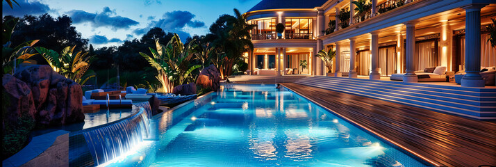 Fototapeta na wymiar Elegant Poolside at Dusk, Luxurious Private Villa with Tropical Garden, Serene Vacation Home Exterior