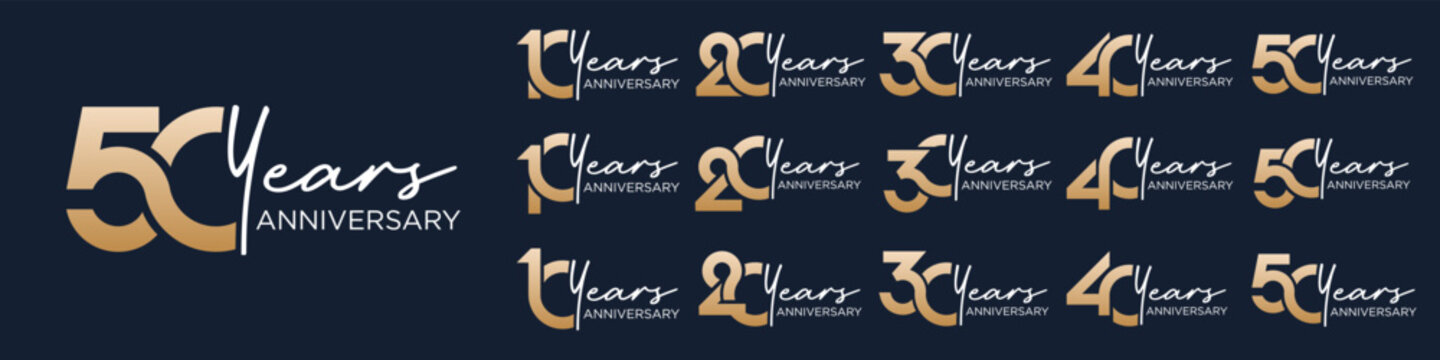 collection of 10 to 50th anniversary logotype design, with golden color for celebration event, wedding, greeting card, and invitation, vector illustration