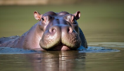 A Hippopotamus With Its Nostrils Poking Out Of The - obrazy, fototapety, plakaty