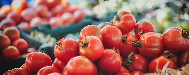 Ripe red tomatoes on a farmer's market. Fresh produce and healthy diet concept. Design for food advertising, culinary websites, banner with copy space. - obrazy, fototapety, plakaty