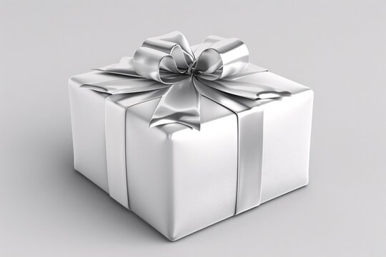 a white gift box with a silver ribbon