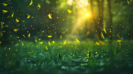 Crepuscular fireflies emerging as the day meets night - obrazy, fototapety, plakaty