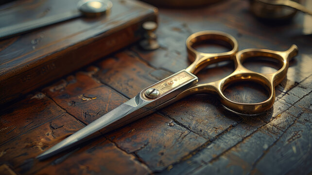 Vintage scissors on wooden table