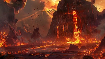 A volcanic wasteland inhabited by fire giants and elemental creatures - obrazy, fototapety, plakaty