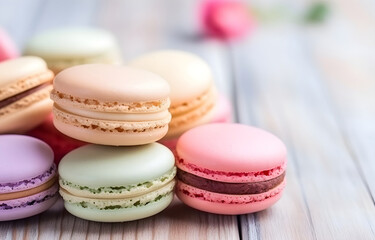 Obraz premium macaroons cookies sweet dessert on white plate on wooden table