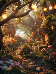 A whimsical fairy forest inhabited by mischievous sprites and helpful fairies