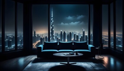 dubai cityscape night long exposure a living room with a couch and a coffee table in front of a window with the burj khalifa dubai night view in the background