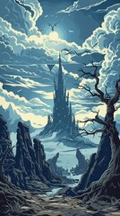 The Tower of Doom looming over a desolate landscape, its spires clawing at the sky, a beacon of malevolence that challenges all who dare approach. , 2D Decorative Doodle Illustration - obrazy, fototapety, plakaty