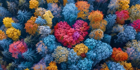 Fototapeta na wymiar Aerial view of vibrant autumn heart in a forest