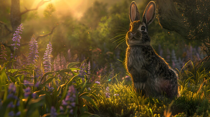 Crepuscular rabbits hopping through twilight meadows - obrazy, fototapety, plakaty