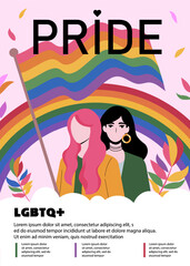 LGBT pride community poster, girls with rainbow flag, place for your information text. Vector graphics.