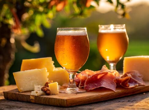 Two glasses of beer with Serrano Ham, at Spanish Charcuterie Degustation. For Web Advertisement.