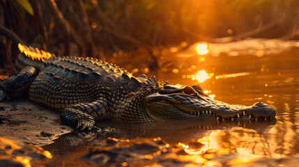 Crocodile basking lazily on muddy riverbank under golden sun