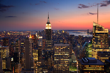 New York City Manhattan skyline panorama sunset aerial view with. empire state building