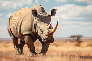 A solitary rhino strolls in the savanna, dust swirling around its massive frame - obrazy, fototapety, plakaty