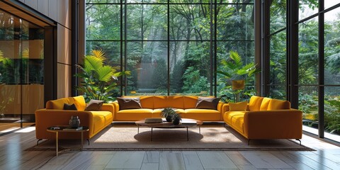 Bright and airy living room design with chic mustard sofa and tropical view