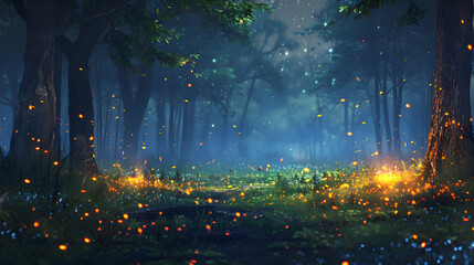 Dazzling fireflies illuminating a tranquil forest clearing at night - obrazy, fototapety, plakaty