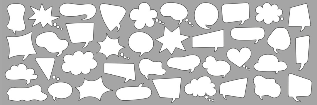 Set of comic speech bubbles. White dialog bubbles on gray background. Comic speech explosions. Editable stroke