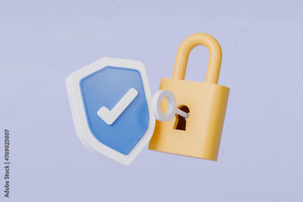 Poster 3d lock and shield with checkmark and password icon. security protection concept. data protection, p