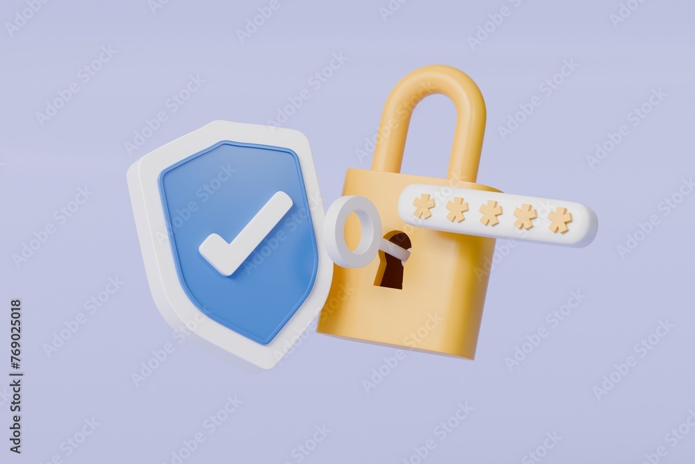 Poster 3d lock and shield with checkmark and password icon. security protection concept. data protection, p