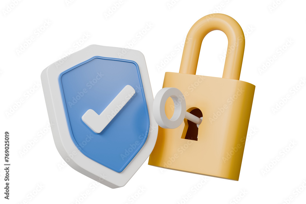 Poster 3d lock and shield with checkmark and password icon. security protection concept. data protection, p
