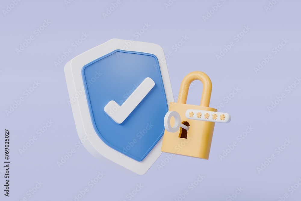 Poster 3d lock and shield with checkmark and password icon. security protection concept. data protection, p