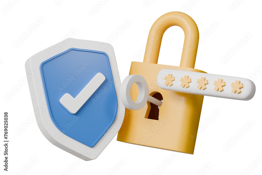 Poster 3d lock and shield with checkmark and password icon. security protection concept. data protection, p