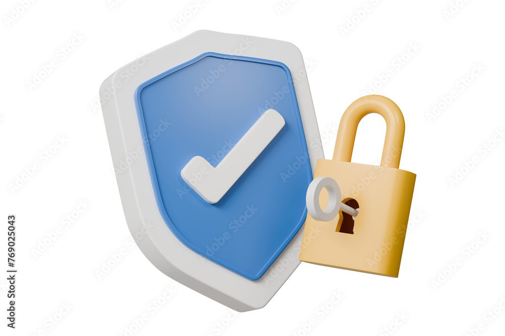 Poster 3d lock and shield with checkmark and password icon. security protection concept. data protection, p