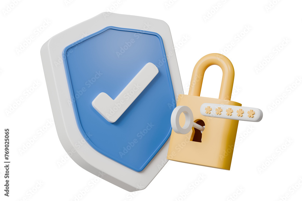 Poster 3d lock and shield with checkmark and password icon. security protection concept. data protection, p
