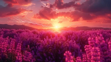 Zelfklevend Fotobehang A field of lavendel during sunset and beautiful sky  © Alexander Beker