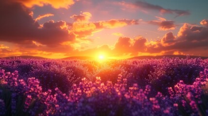 Fototapeta premium A field of lavendel during sunset and beautiful sky 