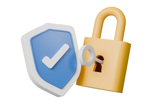 3d Lock and shield with checkmark and password icon. Security protection concept. Data protection, private access. Minimal cartoon padlock with shield isolated on purple background. 3d rendering.