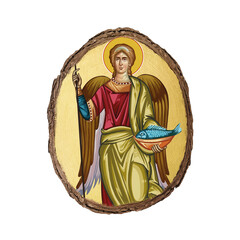 Christian vintage illustration of the archangel Rafail. Golden religious image in Byzantine style on white background